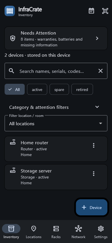InfraCrate development preview showing a home router and storage server in the inventory